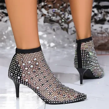 Дамски стръмни обувки с кристал мрежа, сандали 2024, Чубрица сандали на висок ток, летни обувки с остри пръсти, дишащи обувки-лодки, дамски джапанки Изображение 2
