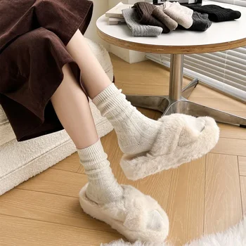 Дамски чорапи INS Мода Есен-зима Изолирана Вълнени чорапи от туист, Однотонная Мека Дишаща Домашно облекло, Спален пръсти са със средна дължина Изображение 2