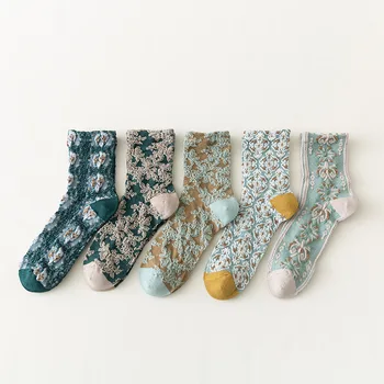 Дамски чорапи в етнически стил Харадзюку с цветна бродерия, Реколта Зелени Чорапи, Японската мода, Лолита Kawai, Дълги Чорапи за прекрасни момичета, Дамски чорапи Сокс