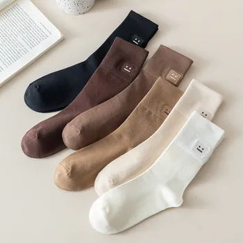 Дамски чорапи Кафяви чорапи памук С бродерия на усмихнато лице, чорапи до средата на прасците За жените, обикновен чорапи за почивка, Универсални