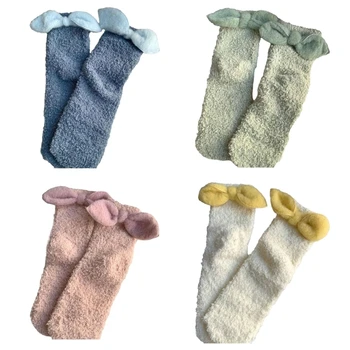 Дамски чорапи от коралов руно с дебела топла лък, пухкави домашни чорапи за сън