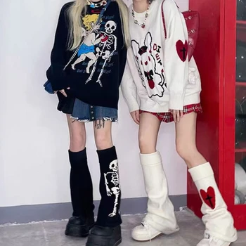 Дамски чорапогащи до коляното от японски фланелка с кръстосан сърце и виртуален скелет, топли разкроена пъхтя крака Изображение 2