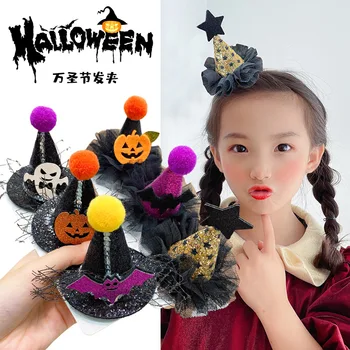 Детски забавни аксесоари за коса за Хелоуин, Шапки на вещици, щипки за коса и с папийонка под формата на тиква за момичета, шапки, подпори за партита на терора