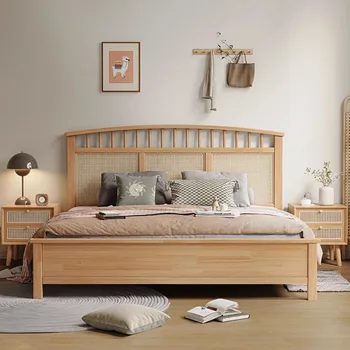 Дизайнерска спалня в скандинавски стил, дървени Бляскава рафтове, съвременно таблата, рамка на легло, платформа за спане, мебели Letto Matrimoniale