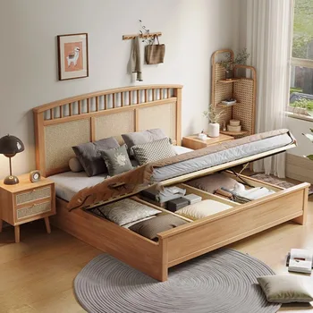 Дизайнерска спалня в скандинавски стил, дървени Бляскава рафтове, съвременно таблата, рамка на легло, платформа за спане, мебели Letto Matrimoniale Изображение 2