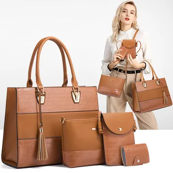 Дизайнерски дамски чанти от изкуствена кожа, чанти през рамо, голям капацитет за съхранение, комплект от 4 теми, чанти-незабавни посланици, модни дамски чанта през рамо Изображение 2