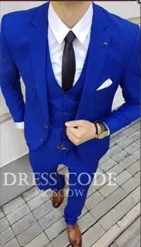 Добре изработена Царски син костюм, Мъжки смокинг, Оборудвана, 3 предмет, Мъжки Сватбени костюми за бала на младоженеца, Сако, яке Terno + панталони + жилетка