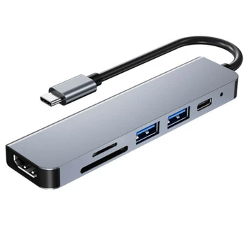 Докинг Станция USB Type C C USB Хъб 3,0 Адаптер 6 в 1, HDMI, SD/TF Четец на Карти за Периферни Устройства Преносим Компютър Macbook Air и iPad Изображение 2
