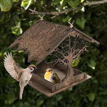 Дървената ясла за птици, подвесная пиенето за градината, декор градина, покриви, външни хранилки за птици Изображение 2