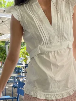 Ежедневни дамски бели тениски с колан 2023, летни модни дамски ежедневни обикновена блузи без ръкави с V-образно деколте