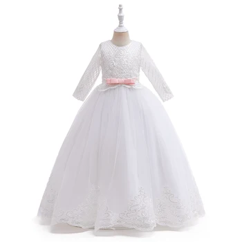 Елегантна бяла рокля на шаферка за момичета с лък за първо причастие, сватба на принцеса, абитуриентски бал, детски празнични рокли за момичета, вечерен костюм