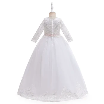 Елегантна бяла рокля на шаферка за момичета с лък за първо причастие, сватба на принцеса, абитуриентски бал, детски празнични рокли за момичета, вечерен костюм Изображение 2