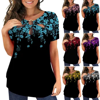 Елегантна лятна дамски ежедневни блуза свободно намаляване с флорални принтом, през цялата деколте, риза с къс ръкав, удобна градинска риза Vintgae, топ