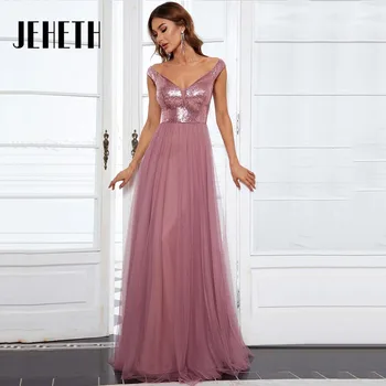 Елегантни вечерни рокли трапецовидна форма JEHETH 2023, луксозна бална рокля за бала в пода, без ръкави, с V-образно деколте и пайети дължина до пода, сшитое по поръчка