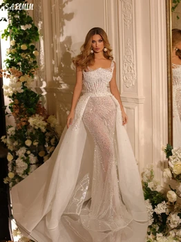 Елегантни сватбени рокли на Русалка, Винтажное Луксозно рокля Vestido De Новия, расшитое блестящи перли, дължина до пода за булката