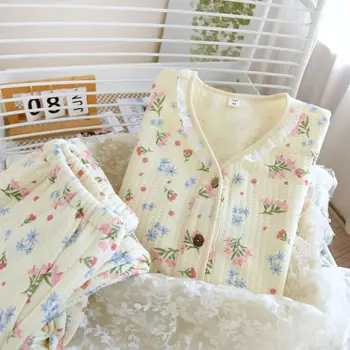Есенен комплект пижам от чист памук, с цветен модел, домашен костюм, спално бельо за жени, пижами за сън, дамска нощница Изображение 2