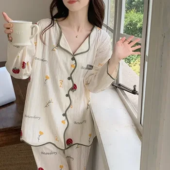 Есенна пижама с дълги панталони в корейски стил за жени, модни скъпа блуза с принтом, комплекти с 2 ръкави, пижами за момичета Sleep Home, БР. Изображение 2
