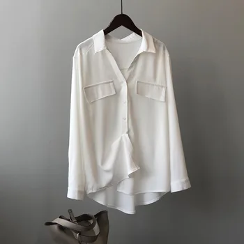 Есенни ежедневни Елегантни блузи, Бяла Свободна блуза, дамски дрехи, Офис дамски ризи с дълги ръкави и джобове, T35081M Изображение 2