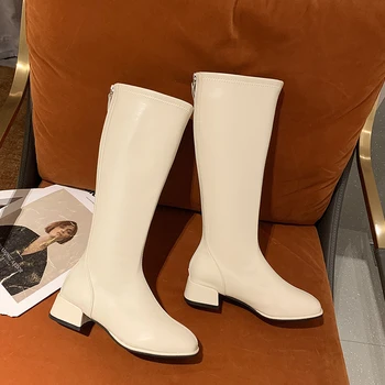 Есенно-зимни дамски обувки 2022, високи ботуши на квадратен ток, ботуши до бедрото, с високи токчета, дамска мода с цип, по-големи размери 43, дамски обувки Изображение 2