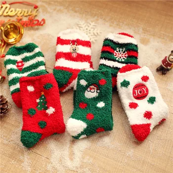 Есенно-зимни дебели и топли дамски чорапи от коралов руно с бродерия на Коледни Коледни Червени чорапи Чорапи за спане на пода