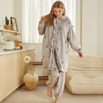Есенно-зимни цветни фланелен блузи с V-образно деколте и накъдрен, панталони, комплекти от две части, Страхотен сладък дрехи за почивка, пижами принцеса, дамски пижами