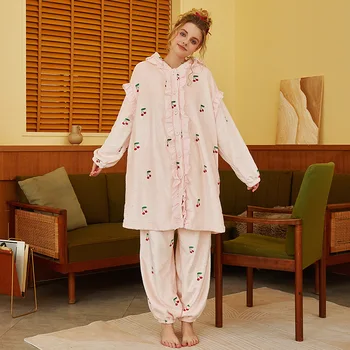 Есенно-зимни цветни фланелен блузи с V-образно деколте и накъдрен, панталони, комплекти от две части, Страхотен сладък дрехи за почивка, пижами принцеса, дамски пижами Изображение 2