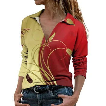 Жена ежедневния моден принт, дълъг ръкав, V-образно деколте, на ревера, удобен пуловер, топ, дамски модни блуза 2023 тениска за жени