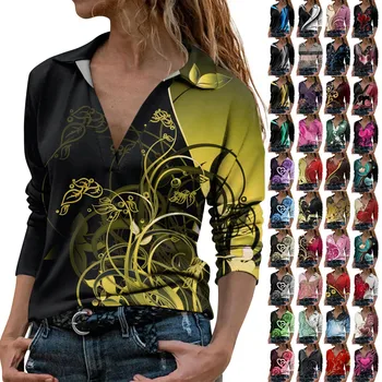 Жена ежедневния моден принт, дълъг ръкав, V-образно деколте, на ревера, удобен пуловер, топ, дамски модни блуза 2023 тениска за жени Изображение 2