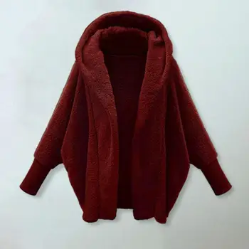 Жена Есенно-зимния плюшевое палто с качулка, дълъг ръкав, Открита руното яке отпред, Удебелена топла горна дреха