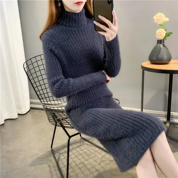 Жена есенно-зимния пуловер 2023, рокля-скок, нова дамска мода, имитация на минк, дълга рокля над коляното с висока воротом, коварен