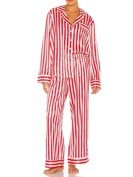 Жена Коледен пижамный комплект, раирана риза с дълъг ръкав, Панталони с еластичен ластик на талията, пижами за коледните празници, 2 бр., облекло за почивка