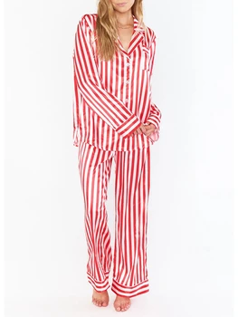 Жена Коледен пижамный комплект, раирана риза с дълъг ръкав, Панталони с еластичен ластик на талията, пижами за коледните празници, 2 бр., облекло за почивка Изображение 2