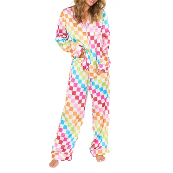 Жена пижамный комплект дрехи за сън, всекидневни принт в формата на плодове /клетки / на дъската, однобортные ризи с дълъг ръкав, потници и панталони, дрехи за почивка