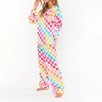 Жена пижамный комплект дрехи за сън, всекидневни принт в формата на плодове /клетки / на дъската, однобортные ризи с дълъг ръкав, потници и панталони, дрехи за почивка Изображение 2