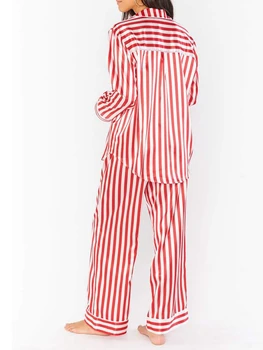 Жена пижамный комплект на райета, риза с дълъг ръкав и копчета, Свободни панталони, 2 броя, Сатен пижами, Коледни костюми пижамные Изображение 2
