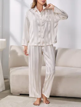 Жена пижамный комплект Риза с дълъг ръкав и панталони, пижами на райета, облекло за почивка