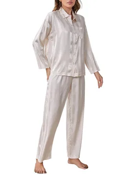 Жена пижамный комплект Риза с дълъг ръкав и панталони, пижами на райета, облекло за почивка Изображение 2