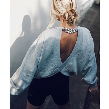 Жена топ Пролет-есен 2021, Нова Мода, през Цялата Деколте, Секси Верижка, Свободна Сива Спортна тениска с дълги ръкави и отворена на гърба, Mujer Изображение 2