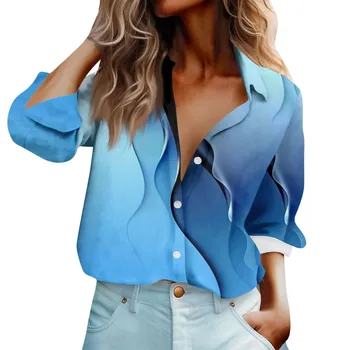 Жените риза, блуза с геометрични ленти, копчета с принтом, дълъг ръкав, Ежедневни Базова риза с яка, на обикновен топ, дамски съкратен върховете Y2k Изображение 2