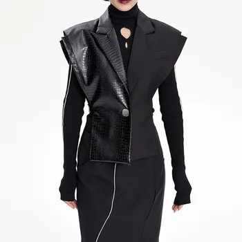 Женски костюм от крокодилска кожа, жилетка в стил мозайка, дизайнерски оборудвана жилетка на една пуговице, черно стилно палто за момичета В наличност