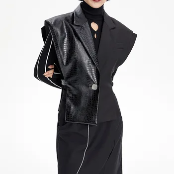 Женски костюм от крокодилска кожа, жилетка в стил мозайка, дизайнерски оборудвана жилетка на една пуговице, черно стилно палто за момичета В наличност Изображение 2