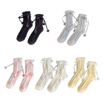 Женски пухкави чорапи с бантиком във формата на сърце, зимни топли домашни чорапи за сън от коралов руно