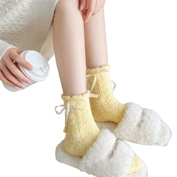 Женски пухкави чорапи с бантиком във формата на сърце, зимни топли домашни чорапи за сън от коралов руно Изображение 2
