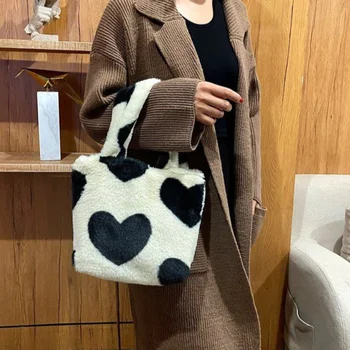Зимна мека чанта, дамска чанта, модерен плюшен пазарска чанта през рамо с принтом 