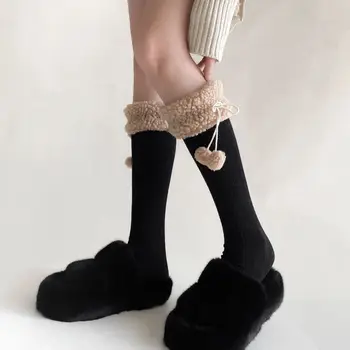 Зимни чорапи с бантиком от овче руно в Японски стил за това сладко момиче, студентски чорапи в стил колеж, Дамски трикотаж носочные на продукта Изображение 2