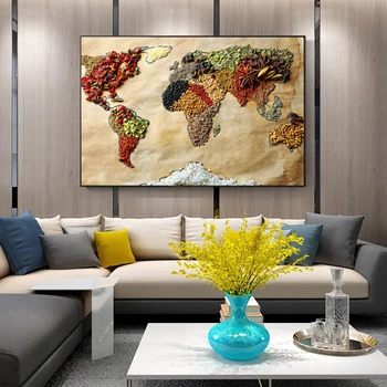 Карта на света, на храни, стенни плакати, модерни щампи пълнозърнести храни, в стил поп-арт върху платно, изображение карта на света за кухня, хол, Cuadros Decor