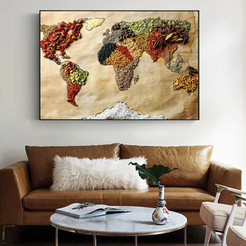 Карта на света, на храни, стенни плакати, модерни щампи пълнозърнести храни, в стил поп-арт върху платно, изображение карта на света за кухня, хол, Cuadros Decor Изображение 2