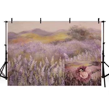 Картина масло Лавандулово поле, на Фона на душата на новороденото, Печатни планина, Дърво, светло лилаво акварели фонове за фотосесия