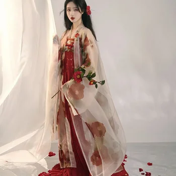 Китайското рокля Hanfu, древно женствена рокля с бродирани принтом Camellia palace, рокля с много ръкав, костюм Hanfu, пълен комплект
