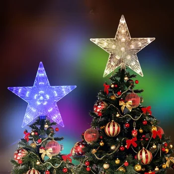 Коледа коледа в цилиндър с една запалена звезда, гирлянда от приказна светлина, прозрачна петолъчна звезда, в цилиндър за украса на празничната коледна елха в офиса Изображение 2
